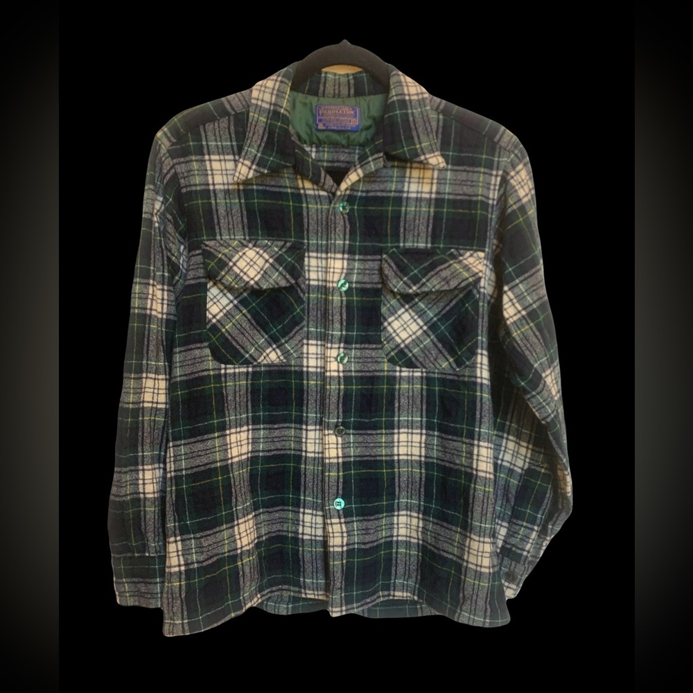 Vintage 1960’s Pendleton Wool Plaid Shirt with Loop Collar and Flap Pocket